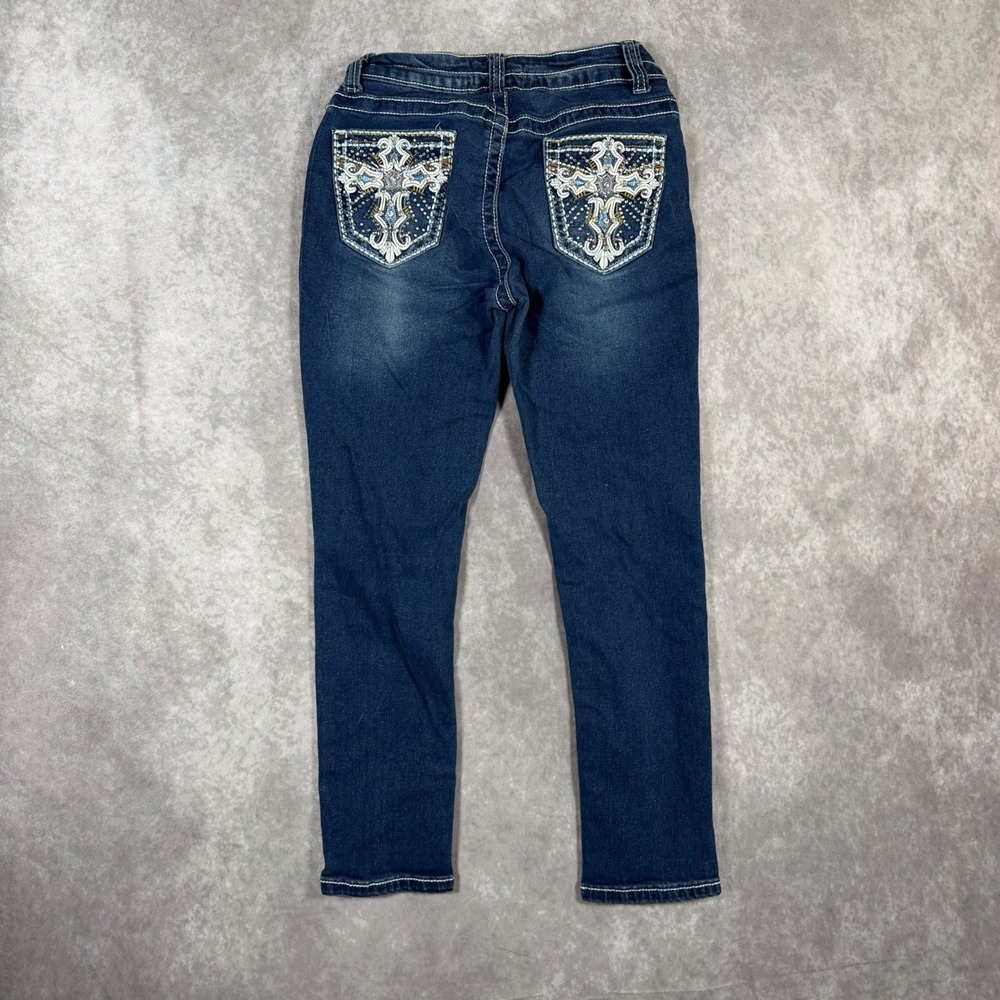 Bamboo Womens 3 Dark Wash Skinny Jeans Cross Embroidered Pockets Y2K Cropped